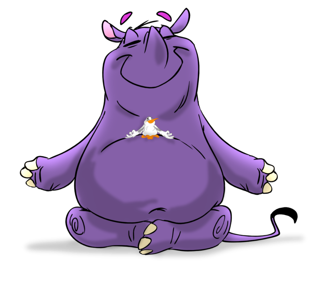 A Rhino with Tick Bird on its stomach sitting in a yoga pose