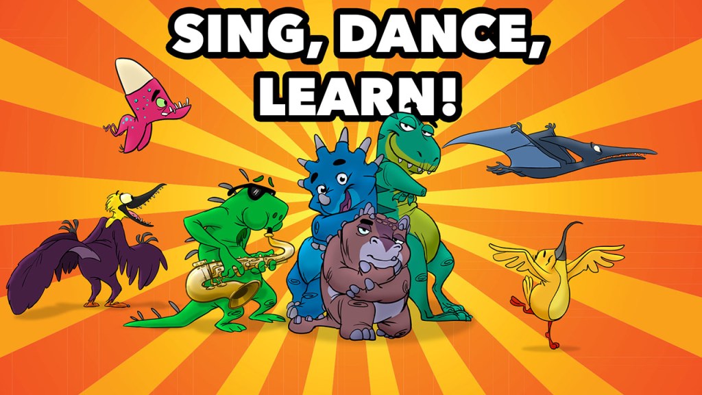 Dinosaurs Posing in front of a Starburst Pattern with the words Sing Dance Learn! Above them.